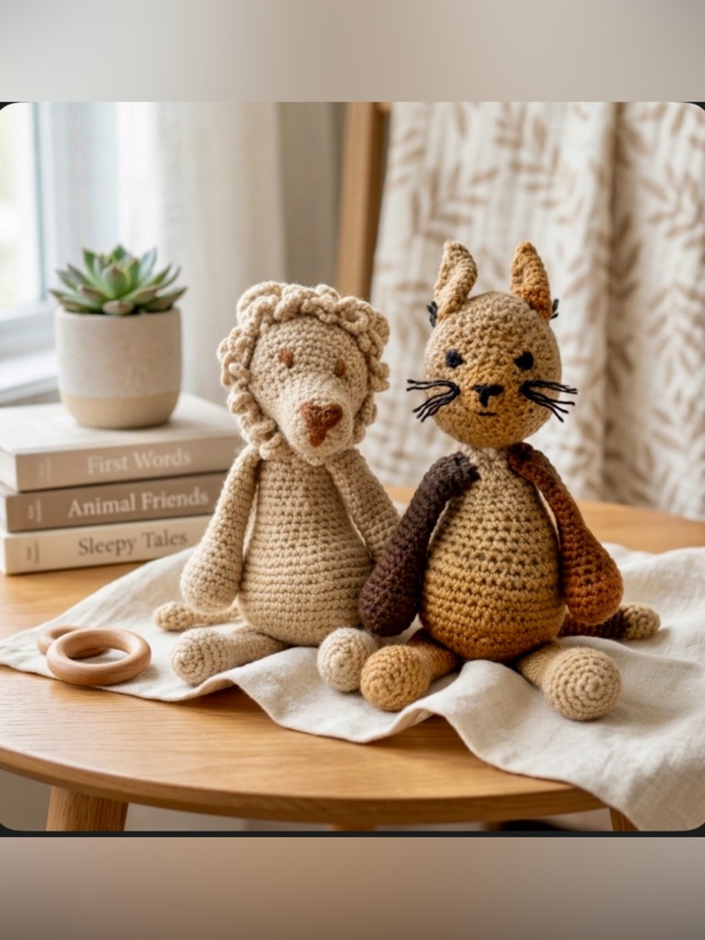 Handmade Crochet Lion & Rabbit Plush Set OOAK Artisan Stuffed Animals 15”& 12.5”
